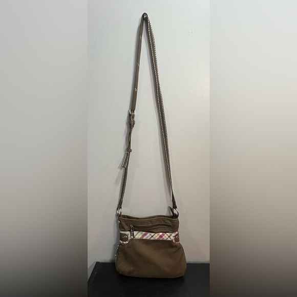 Thirty-One Brown‎ Expandable Adjustable Strap Crossbody Brown and Pink Plaid - Picture 1 of 13